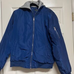 Blue Bomber Jacket with Gray Hood